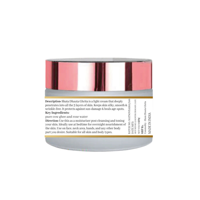 Natuur.in Shata Dhauta Ghrita moisturizing face cream in a glass jar with a metallic rose gold lid