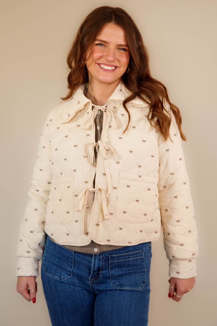 Women's Ruffle Bow Coat- Cream Quilted Coat- Women's Tie Front Quilted Jacket