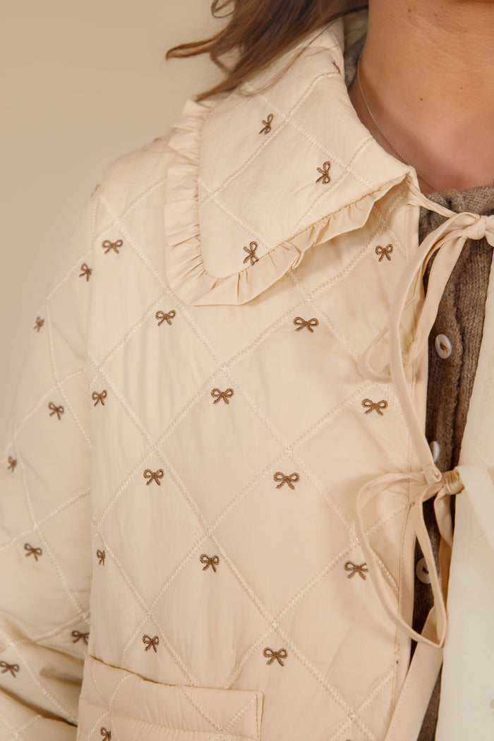 Women's Ruffle Bow Coat- Cream Quilted Coat- Women's Tie Front Quilted Jacket
