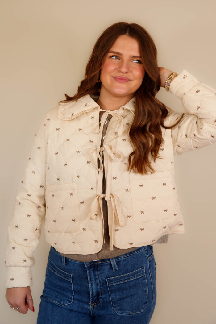 Women's Ruffle Bow Coat- Cream Quilted Coat- Women's Tie Front Quilted Jacket