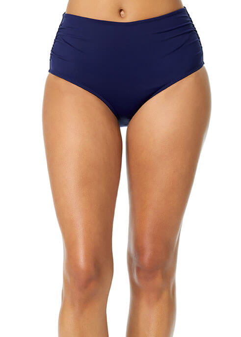 Navy blue high-waisted bikini bottom on a white background