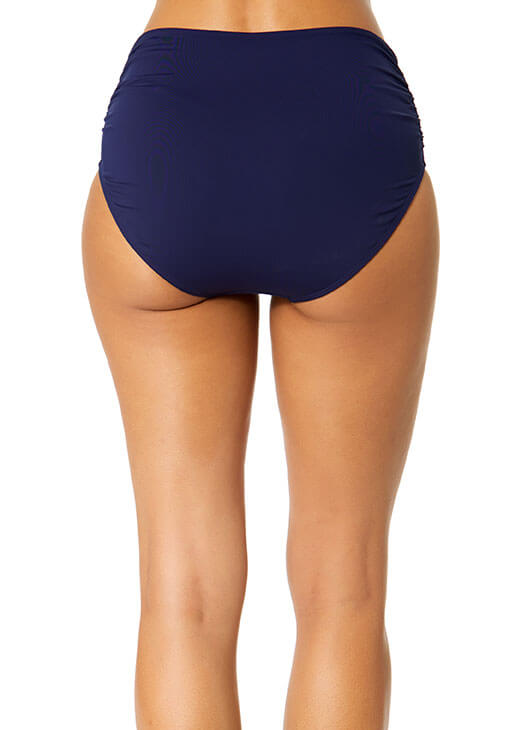 Navy blue high-waisted bikini bottom on a white background