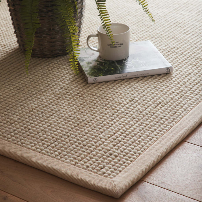 Sisal Boucle Beige Rug made from 100% wool with a beige border.