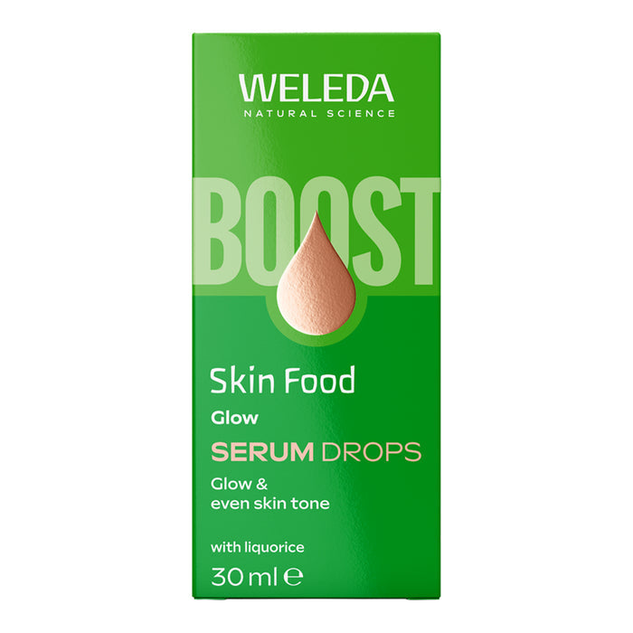Weleda Skin Food Serum Drops packaging on a white background.