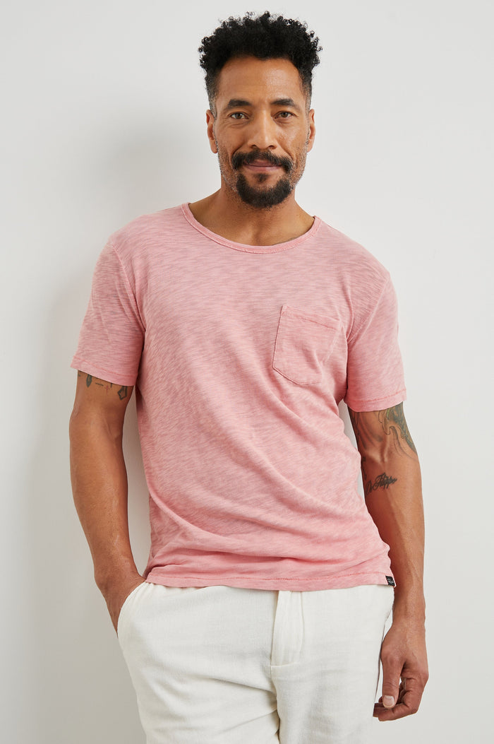 Skipper Short-Sleeve T-shirt with a Crew Neck and a Chest Patch Pocket in Equator Colorway, a Pink - Front View Featured on Model