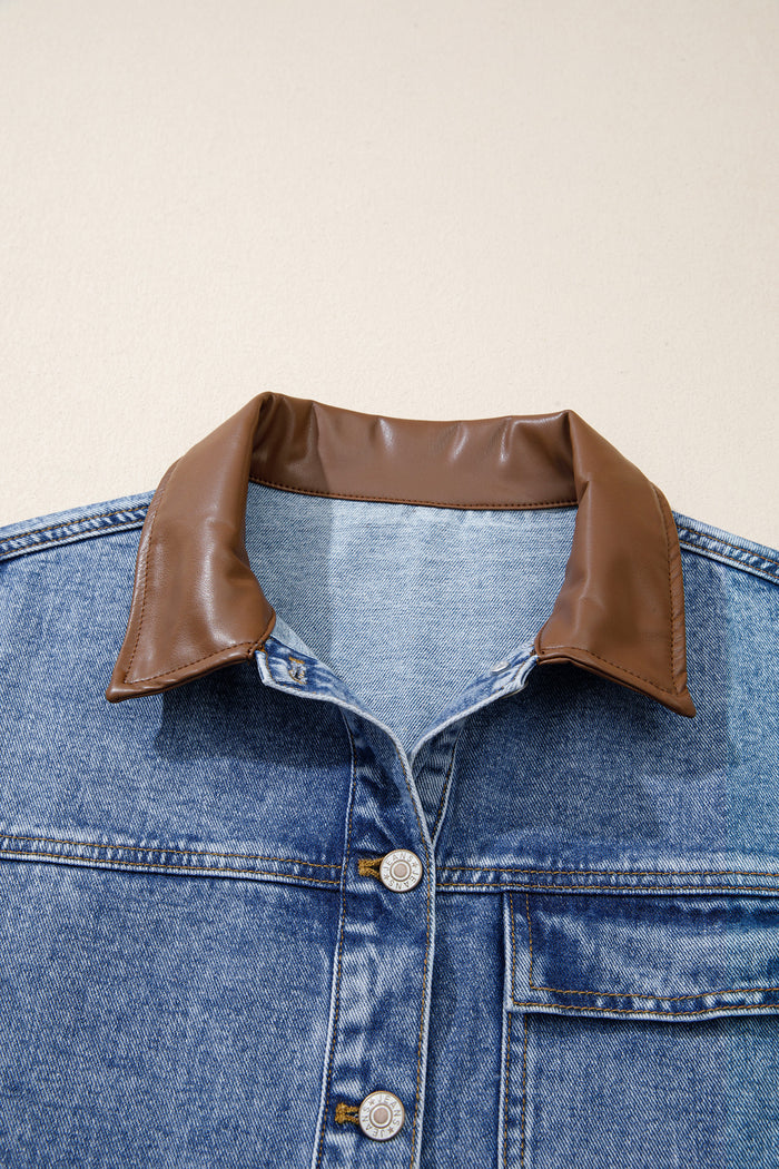 Sky Blue Patchwork Leather Collar Long Sleeve Denim Jacket