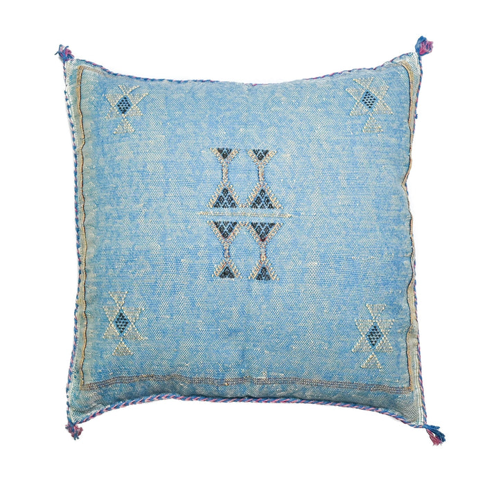 Sky XIII Artisanal Handmade Moroccan embroidered cactus silk sabra lumbar pillow bright blue handwoven
