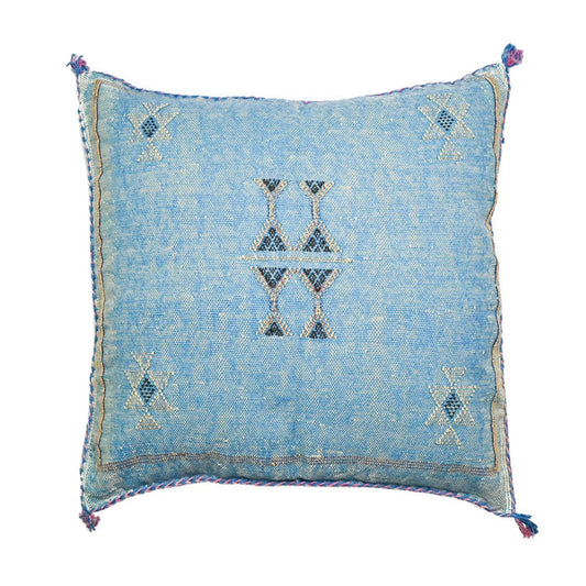 Sky XIII Artisanal Handmade Moroccan embroidered cactus silk sabra lumbar pillow bright blue handwoven