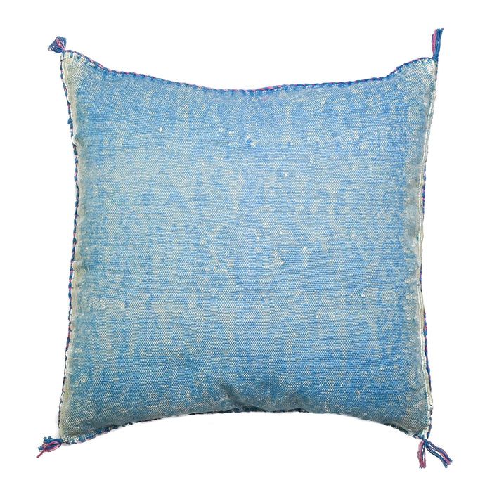 Sky XIII Artisanal Handmade Moroccan embroidered cactus silk sabra lumbar pillow bright blue handwoven