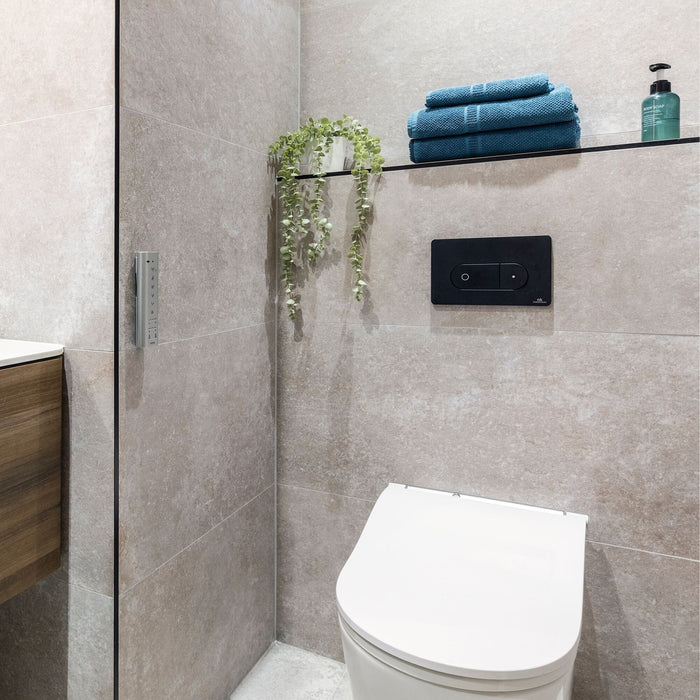 Bathroom with tiled walls, a plant and a black flush plate