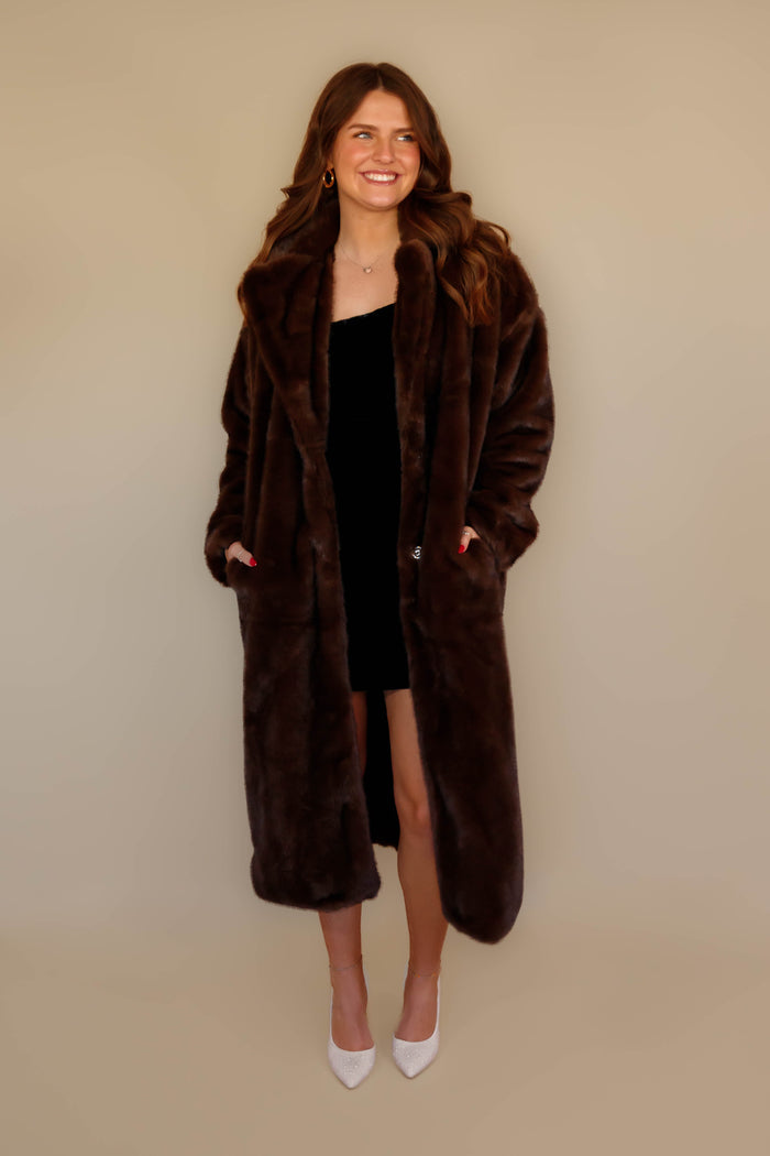 Women's Chocolate Brown Faux Fur Coat- Women's Brown Fur Winter Coat- Coalition Fur Coat