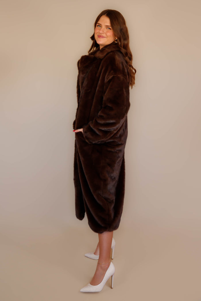 Women's Chocolate Brown Faux Fur Coat- Women's Brown Fur Winter Coat- Coalition Fur Coat