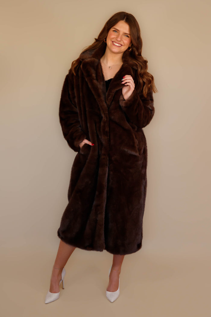Women's Chocolate Brown Faux Fur Coat- Women's Brown Fur Winter Coat- Coalition Fur Coat