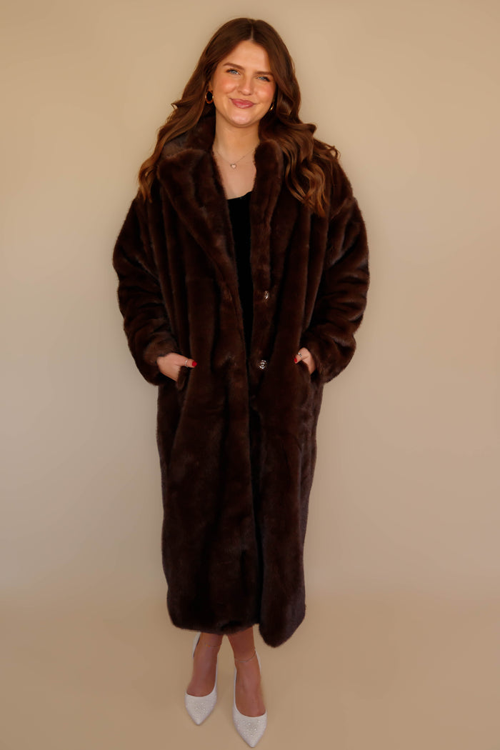 Women's Chocolate Brown Faux Fur Coat- Women's Brown Fur Winter Coat- Coalition Fur Coat