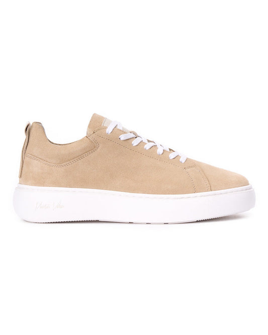 Martin Valen SOSi beige genuine leather sneaker, side view showing white laces and thick white platform sole