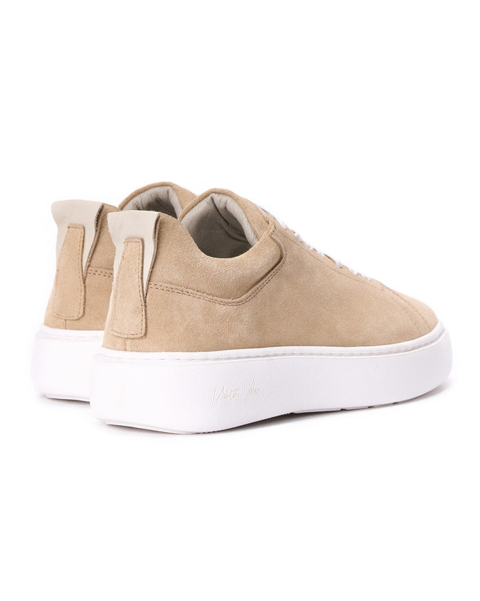 Martin Valen SOSi beige suede casual sneakers, rear-side view showing heel pull tab and white platform sole