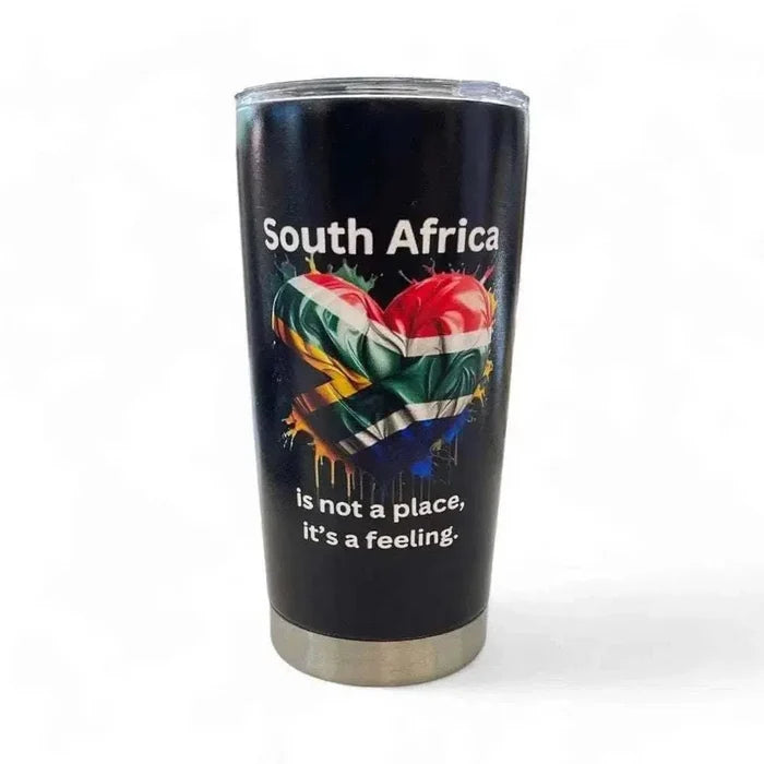 Feeling Stainless Steel Tumbler - 600ml with South African flag design and message "South Africa is not a place, it's a feeling" for drinks.