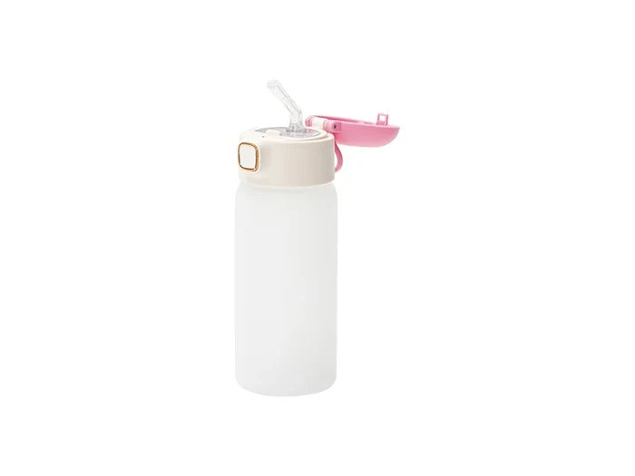 Sublimation 15oz/450ml Frosted Kids Glass Bottle with Pink Pop-up Straw Lid