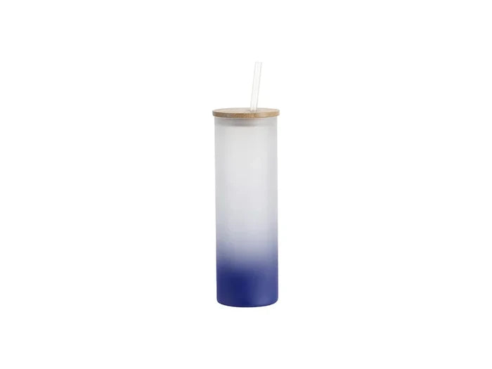 Sublimation Blanks 20oz/600ml Glass Skinny Tumbler w/Straw & Bamboo Lid(Frosted, Gradient Dark Blue)