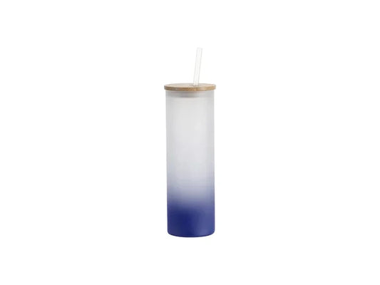 Sublimation Blanks 20oz/600ml Glass Skinny Tumbler w/Straw & Bamboo Lid(Frosted, Gradient Dark Blue)