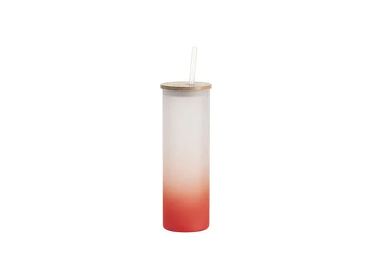 Sublimation Blanks 20oz/600ml Glass Skinny Tumbler w/Straw & Bamboo Lid(Frosted, Gradient Red)
