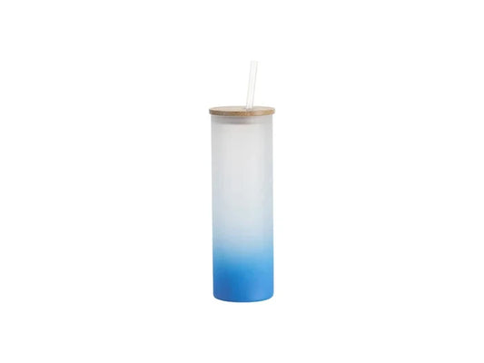 Sublimation Blanks 20oz/600ml Glass Skinny Tumbler w/Straw & Bamboo Lid(Frosted, Gradient Light Blue)