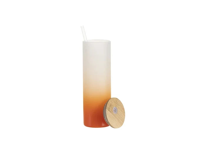 Sublimation Blanks 20oz/600ml Glass Skinny Tumbler w/Straw & Bamboo Lid(Frosted, Gradient Orange)