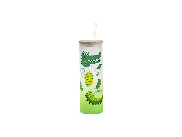 Sublimation Blanks 20oz/600ml Glass Skinny Tumbler w/Straw & Bamboo Lid(Frosted, Gradient Green)