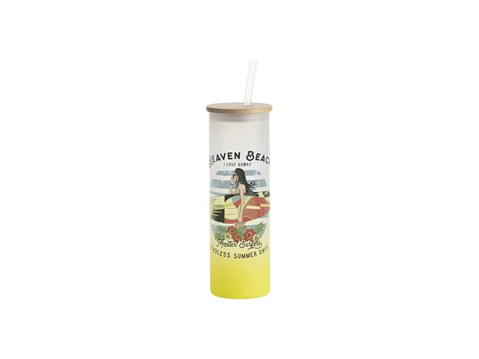 Sublimation Blanks 20oz/600ml Glass Skinny Tumbler w/Straw & Bamboo Lid(Frosted, Gradient Lemon Yellow)