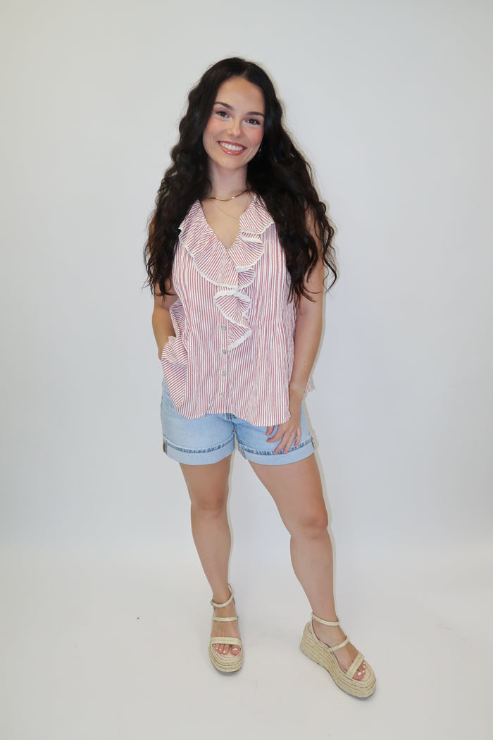 Sweet Escape Ticking Stripe Ruffle Neck Sleeveless Top - The Pink Tulip Clothing