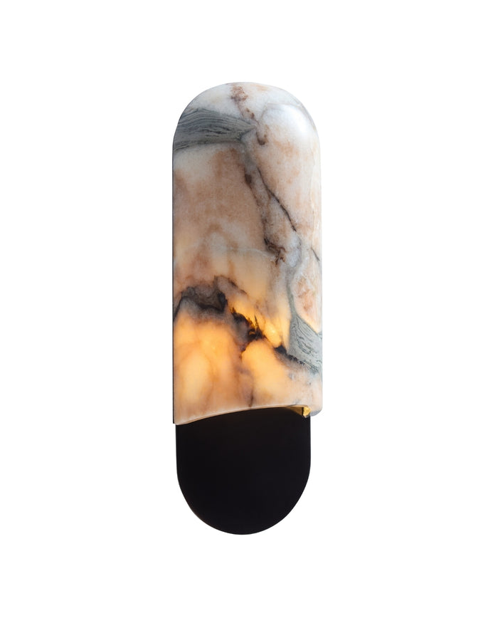 Vertical marble wall sconce with natural veining and a warm inner glow, mounted on a rounded gunblack metal base against a white background.