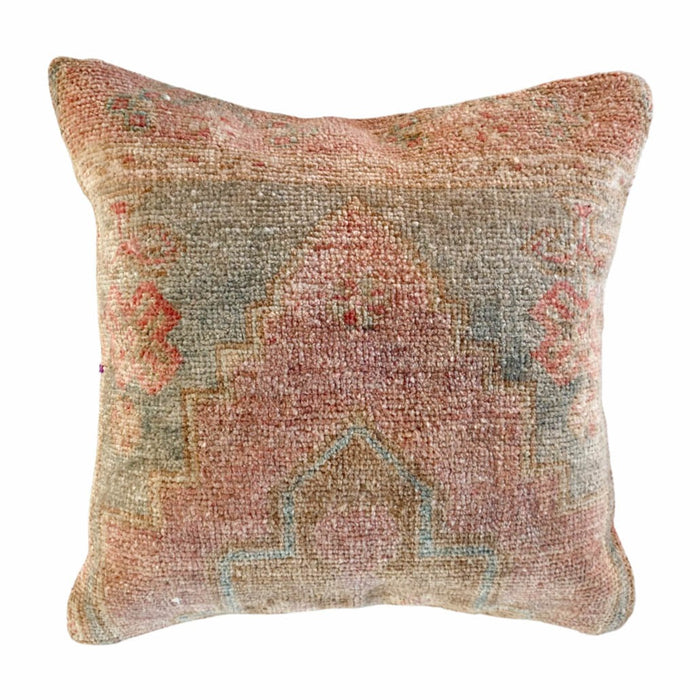 Teresa Handmade traditional Turkish oushak pillow cover made with vintage rugs 16x16 pink blue pattern
