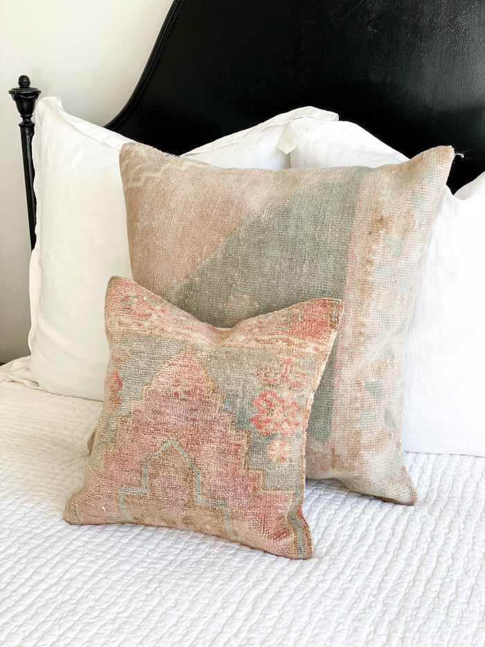 Teresa Handmade traditional Turkish oushak pillow cover made with vintage rugs 16x16 pink blue pattern