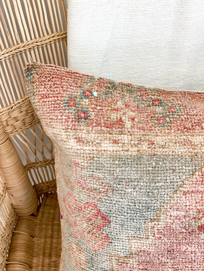 Teresa Handmade traditional Turkish oushak pillow cover made with vintage rugs 16x16 pink blue pattern