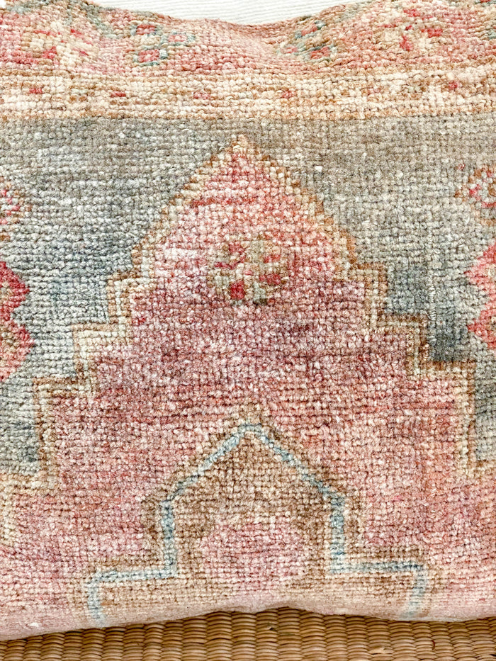 Teresa Handmade traditional Turkish oushak pillow cover made with vintage rugs 16x16 pink blue pattern