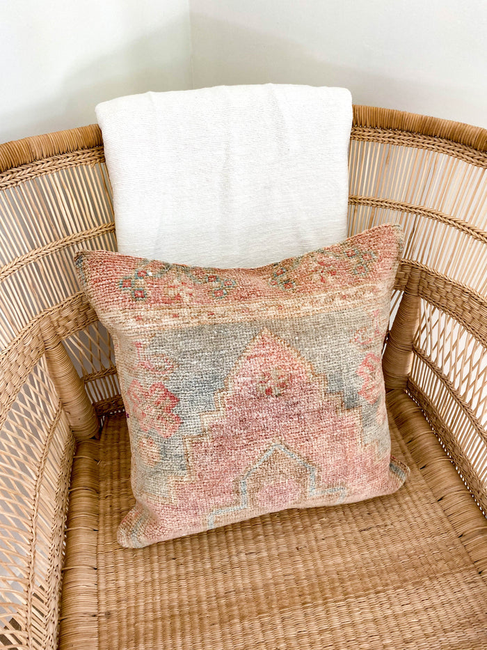Teresa Handmade traditional Turkish oushak pillow cover made with vintage rugs 16x16 pink blue pattern