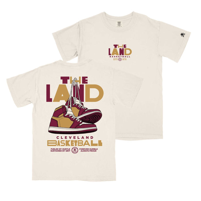 Two t-shirts with 'The Land Cleveland Basketball' design on a white background