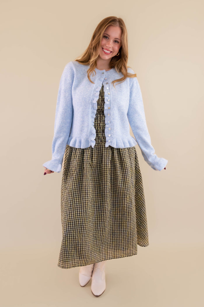 Textured Frill Detail Cardigan- Women's Blue Ruffle Cardigan- Women's Tailored Fit Cardigan