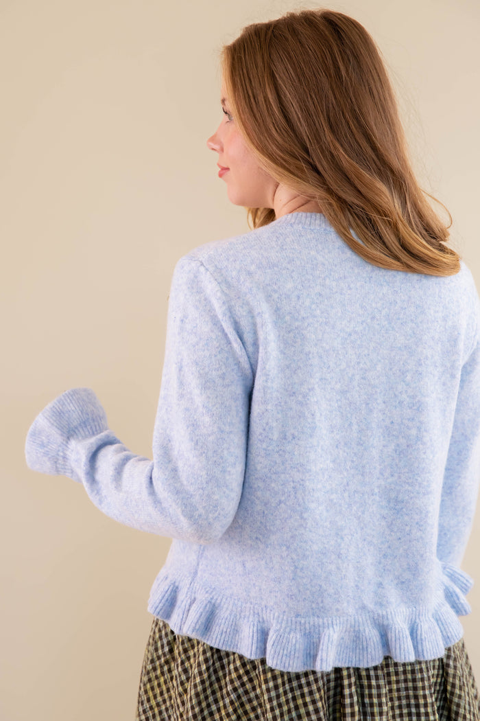 Textured Frill Detail Cardigan- Women's Blue Ruffle Cardigan- Women's Tailored Fit Cardigan