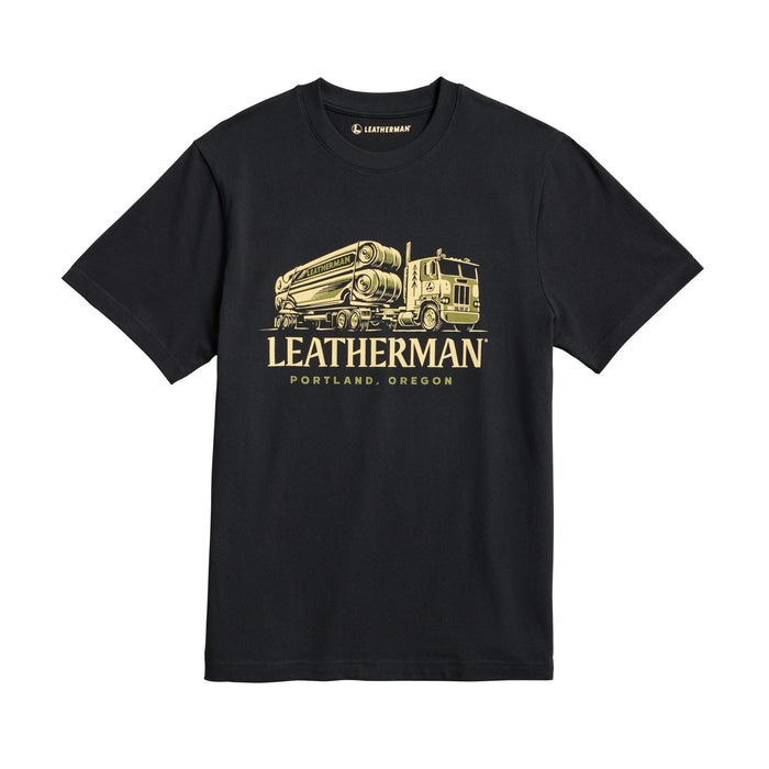 Black Leatherman Timber Tee depicting a timber truck hauling a massive Leatherman multitool on the trailer.