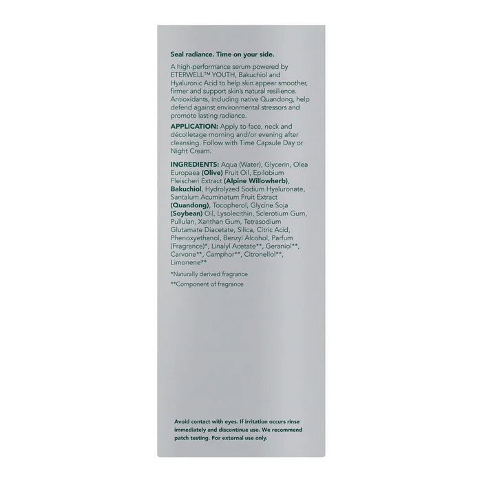Back of box packaging of Sukin Time Capsules Future Proof Serum showing ingredients, usage instructions and product benefits.
