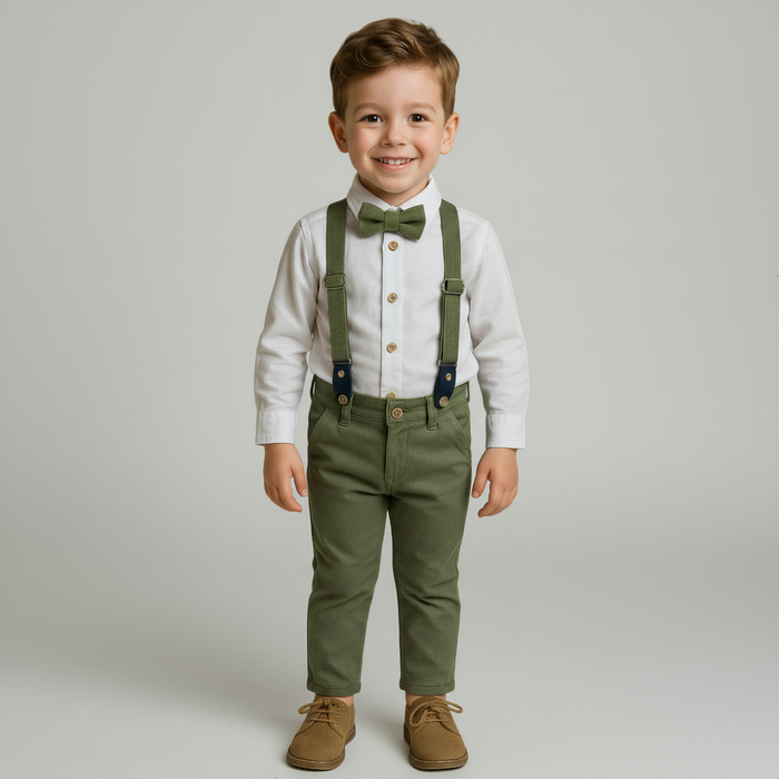 Young boy wearing a beige shirt, green suspenders, and pants on a plain background