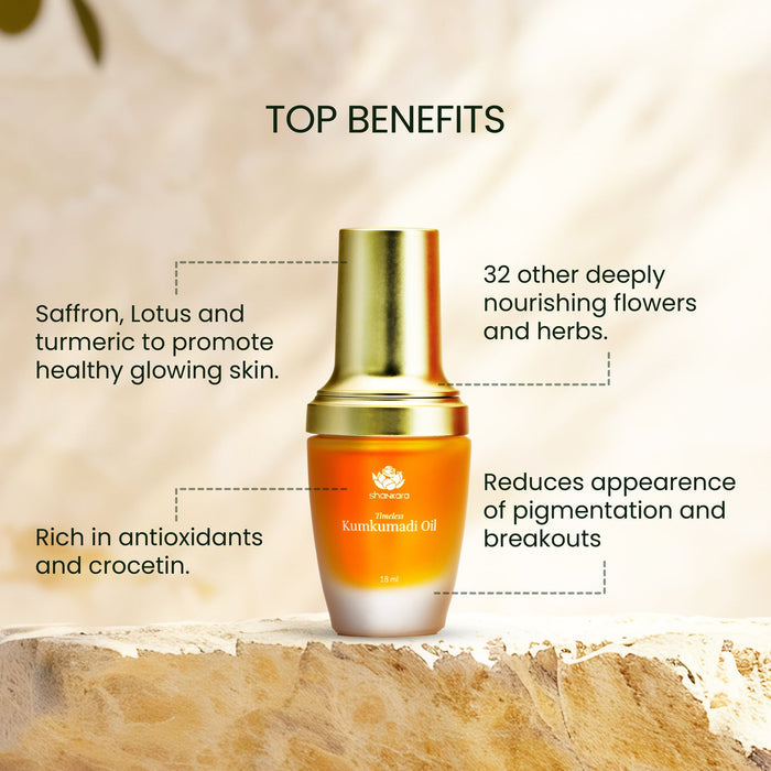 Bottle of Timeless Kumkumadi Oil | Shankara displayed on a stone surface with text highlighting benefits such as promoting healthy glowing skin, rich antioxidants, reducing pigmentation, and nourishing with flowers and herbs