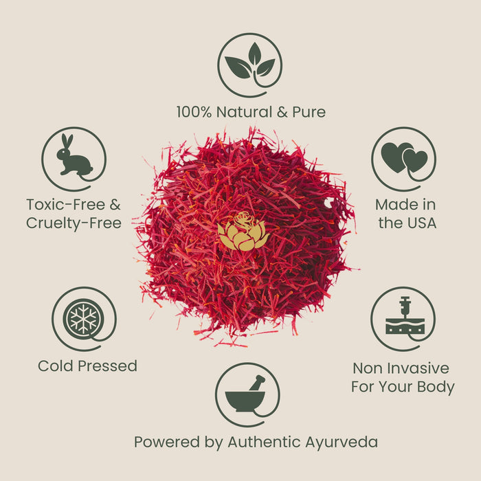 Red saffron threads surrounded by icons highlighting features of Timeless Kumkumadi Oil | Shankara such as 100% natural and pure, toxic-free and cruelty-free, cold pressed, made in the USA, non-invasive for the body, and powered by authentic Ayurveda.