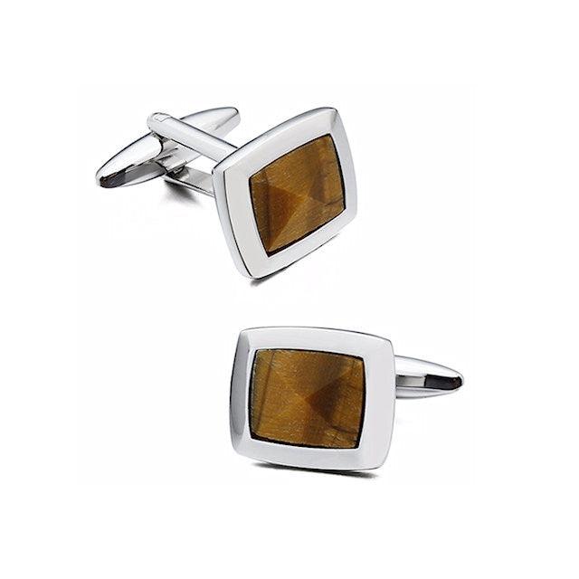 T.M.J tiger eye stone cufflinks with silver rectangular frame and polished finish