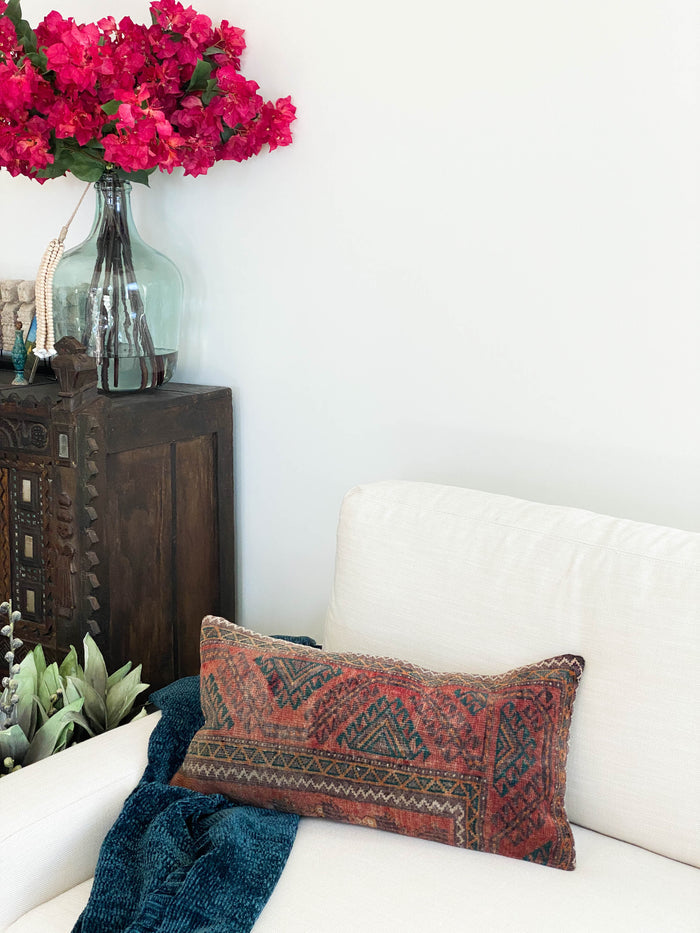 Torch III Handmade traditional Turkish oushak lumbar pillow cover made with vintage rugs 12x24 red teal