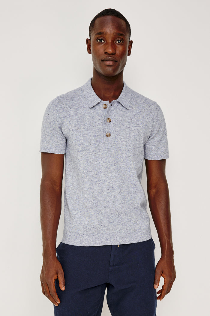 Torin Polo Shirt in Soft Heathered Jersey With Collar, Half Placket, and Short Sleeves in Tidal Haze Colorway - Upper Body Front View Featured on Model