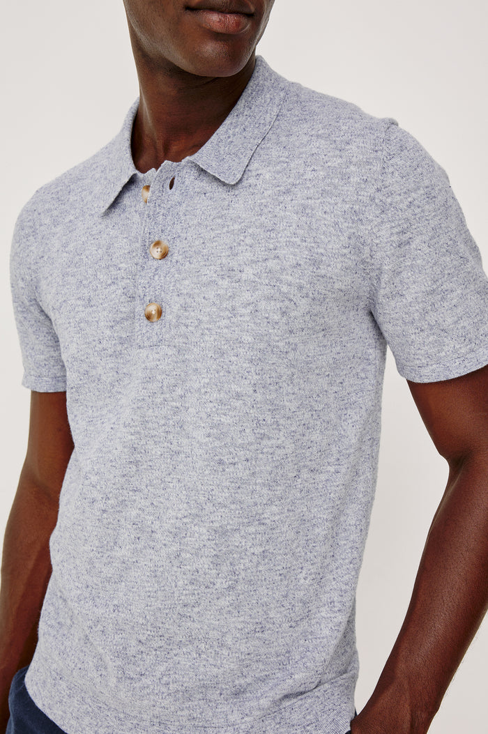 Torin Polo Shirt in Soft Heathered Jersey With Collar, Half Placket, and Short Sleeves in Tidal Haze Colorway - Upper Body Front Detail View Featured on Model