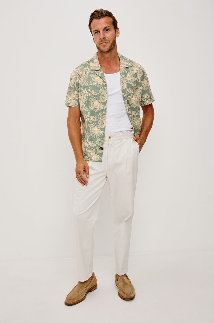Tyler Shirt in Stretch Cotton With Floral Jute Embroidery, Front Buttons, Notched Collar, Short Sleeves, and Classic Fit in Floral Rope Jade Colorway - Full Body Front View Featured on Model