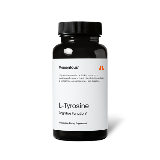 Bottle of Tyrosine dietary supplement capsules by Momentous, designed to support cognitive function and brain health.